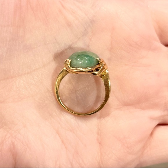 14K Large Aventurine Jade natural sparkling medium green vintage solid gold ring - Picture 9 of 11